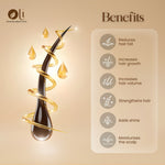 A promotional graphic for a hair care product showing a glossy dark brown hair drop with a golden spiral and droplets on a beige background. The right side lists benefits under the heading 'Benefits' in text and icons: reduces hair fall, increases hair growth, increases hair volume, strengthens hair, adds shine, and moisturizes the scalp.