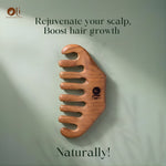 A wooden scalp massager comb with finger slots, shown against a soft sage green background with promotional text reading 'Rejuvenate your scalp, Boost hair growth' and 'Naturally!'. The Oli brand logo is visible in the top left and engraved on the product.