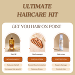 Ultimate Haircare Kit with hair oil, head massager, and hair serum on a beige background