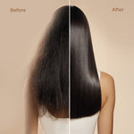 Before and after comparison of a woman's long black hair, showing frizzy, dry hair on the left labeled 'Before' and smooth, shiny hair on the right labeled 'After'.