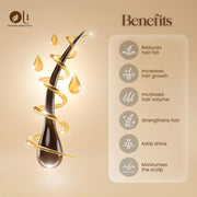 A promotional graphic for a hair care product showing a glossy dark brown hair drop with a golden spiral and droplets on a beige background. The right side lists benefits under the heading 'Benefits' in text and icons: reduces hair fall, increases hair growth, increases hair volume, strengthens hair, adds shine, and moisturizes the scalp.