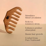 A wooden hair comb with wide, curved teeth, shown on a warm beige background with black text listing benefits such as stimulating blood circulation and enhancing product absorption. The text also states it is crafted from pure teakwood.