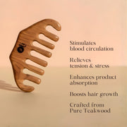 A wooden hair comb with wide, curved teeth, shown on a warm beige background with black text listing benefits such as stimulating blood circulation and enhancing product absorption. The text also states it is crafted from pure teakwood.