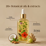 A clear glass dropper bottle filled with golden yellow oil and decorated with botanical illustrations, centered on a warm beige background. Text labels point to ingredients including Amla, Coconut, Rosemary, and Bhringraj, with a halved coconut, almonds, mint, ginger, and a green fruit placed around the bottle.