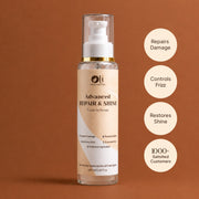 A bottle of Olivi Advanced Repair & Shine I-cave-in Serum on a warm brown background, with four circular callout graphics on the right detailing its benefits.