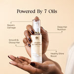 A hand holds a bottle of Advanced Repair & Shine Leave-In Hair Oil against a warm beige background, with callout text listing benefits such as repairing damage, deep hair nutrition, smooth and glossy hair, and healthy shine boost. The bottle is white with gold lettering and a clear cap.